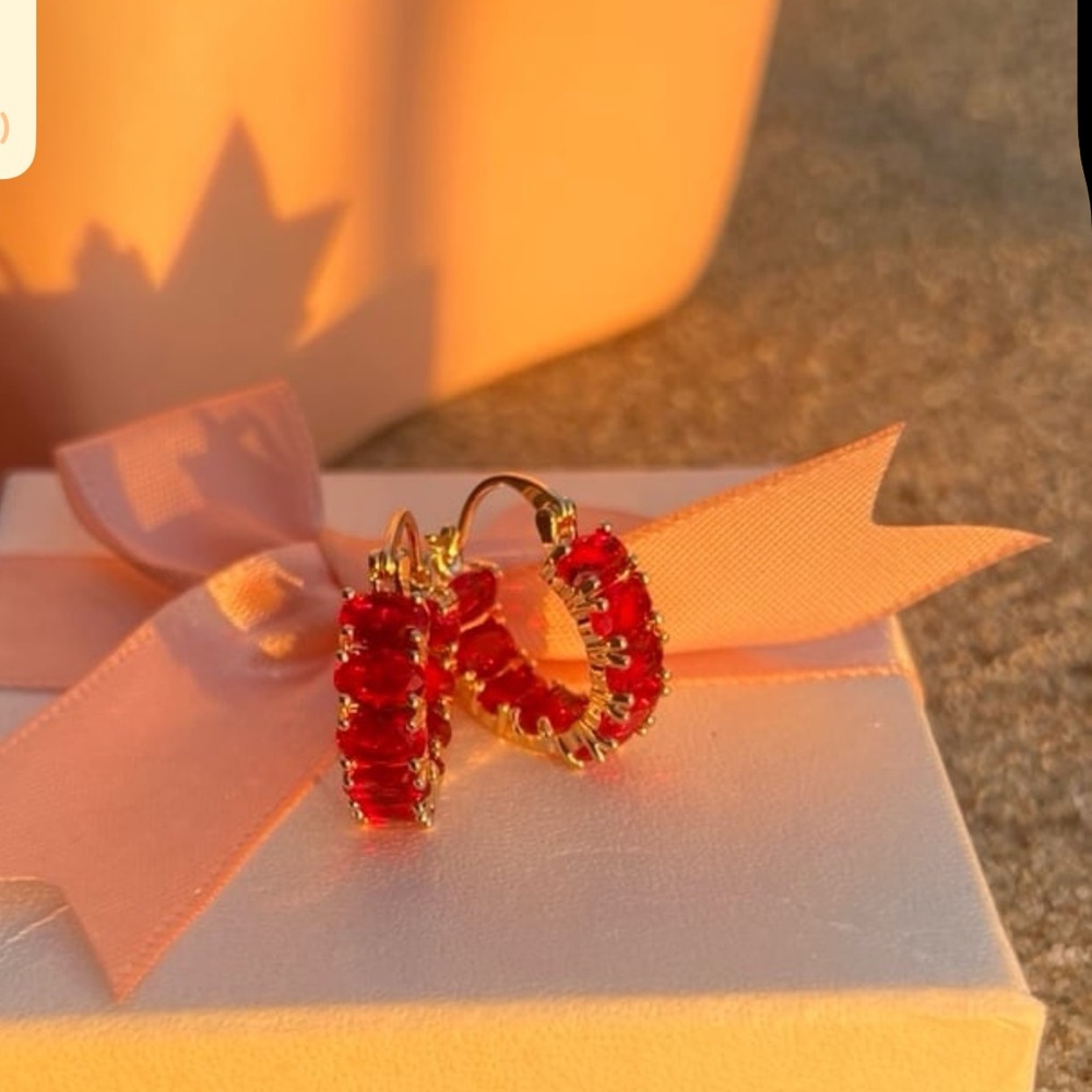 925/18K gold plated ruby oval cut inside out hoop earrings with swarovski #123 - Picture 13 of 13